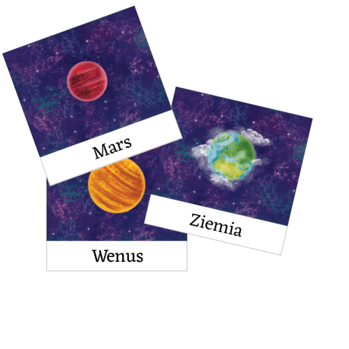 Mars, Ziemia, Wenus - karty do pracy Montessori, planety Układu Słonecznego
