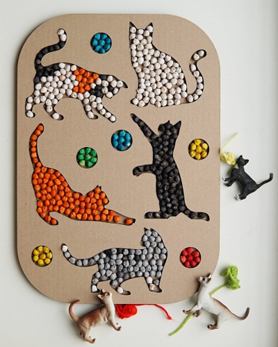 Sensoryczny Panel Kotki: sensokarton i barwiona ciecierzyca.